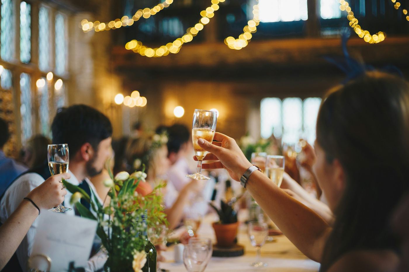 Guests raising glasses under fairy lights